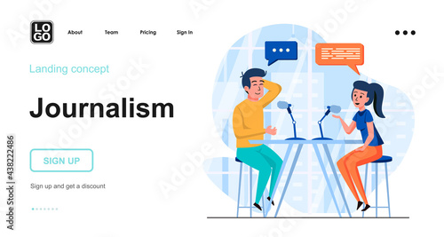 Journalism web concept. Man and woman talking in live broadcast, interview recording at studio. Template of people scene. Vector illustration with character activities in flat design for website
