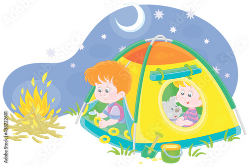 Cheerful little kids tourists with a merry pup resting in their colorful camp tent on a starry night on summer vacation  vector cartoon illustration isolated on a white background