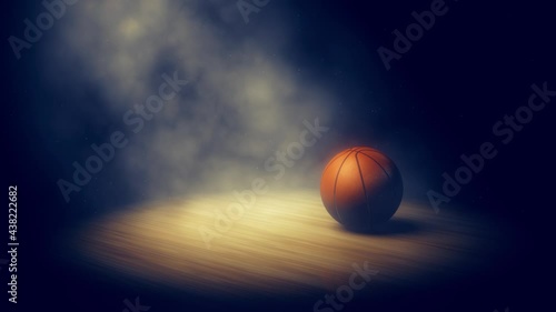 Animation of basketball slowly rolling into spotlight on basketball court