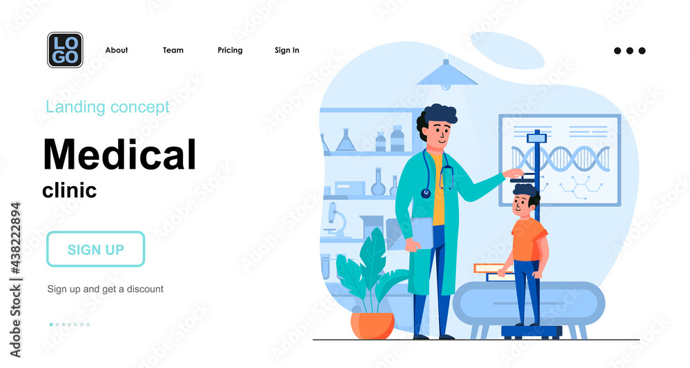 Medical clinic web concept. Pediatrician measures boy height at office. Child patient visits doctor. Template of people scene. Vector illustration with character activities in flat design for website
