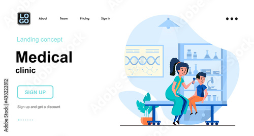 Medical clinic web concept. Pediatrician measures temperature of boy. Child patient visited doctor. Template of people scene. Vector illustration with character activities in flat design for website