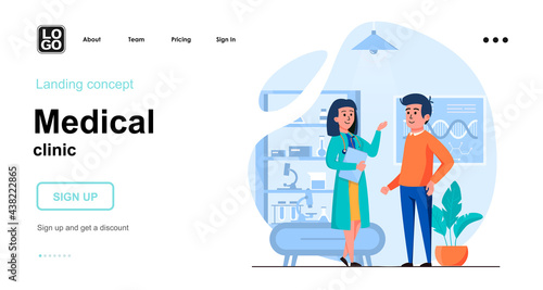 Medical clinic web concept. Doctor consults and diagnoses patient in office. Man visited therapist. Template of people scene. Vector illustration with character activities in flat design for website
