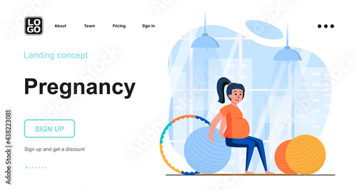 Pregnancy web concept. Pregnant woman exercising with pilates ball, fitness training, workout. Template of people scene. Vector illustration with character activities in flat design for website