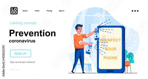 Prevention coronavirus web concept. Man disinfects his phone. Hygiene recommendation for gadgets. Template of people scene. Vector illustration with character activities in flat design for website