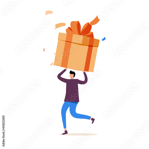 Happy person holding huge gift box. Woman carrying big enormous present wrapped in festive wrapping paper. Holiday