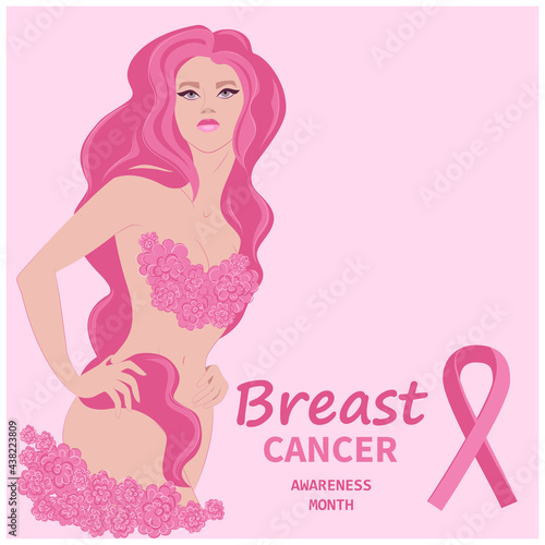 Breast cancer awareness month poster with pink hair girl and pink ribbon on pink background. Vector illustration