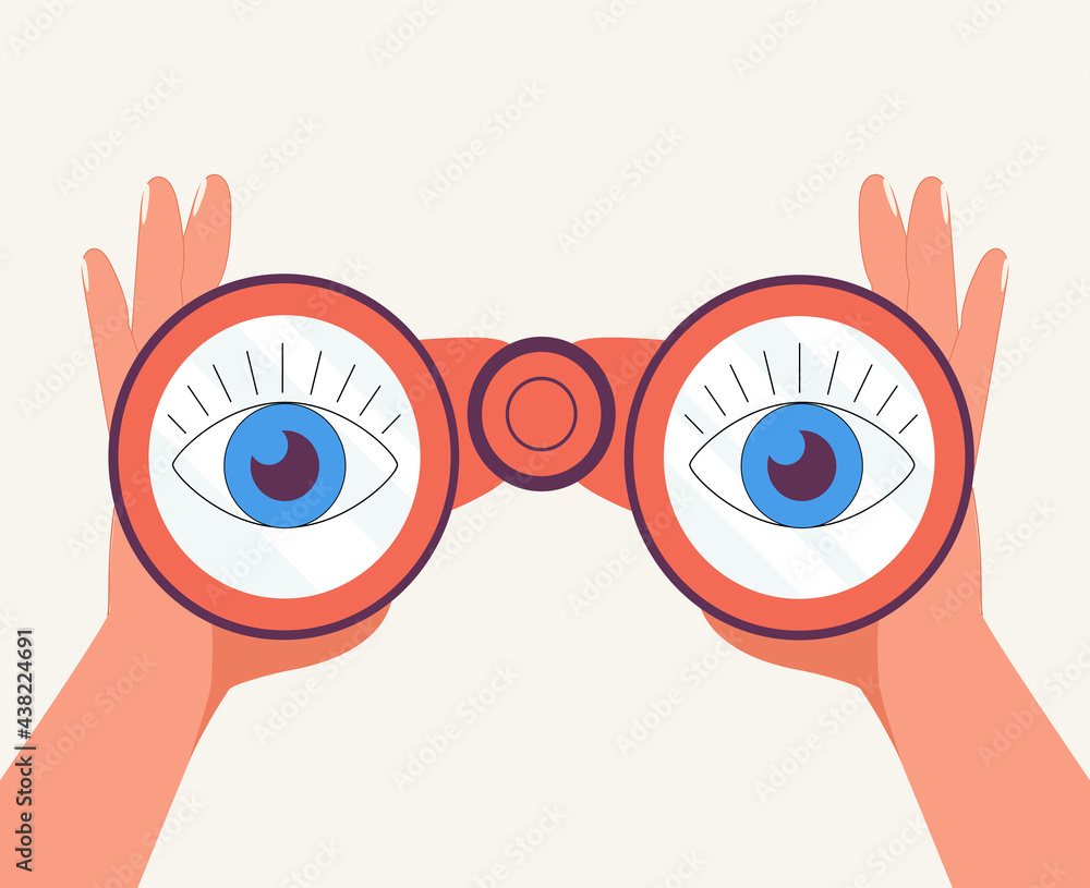 Hands hold binoculars and look through them. Vector illustration for search engine or research, web surfing. Trendy.