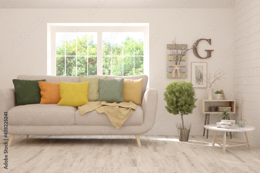 Fototapeta premium White living room with sofa and summer landscape in window. Scandinavian interior design. 3D illustration