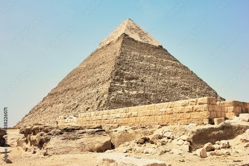 Lower view of the pyramid of Khafre. Egyptian sights. Historic buildings.