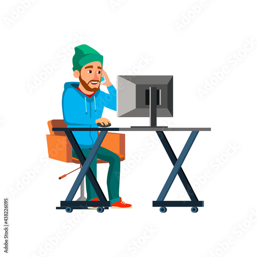 man hipster choosing on computer and ordering technics on phone cartoon vector. man hipster choosing on computer and ordering technics on phone character. isolated flat cartoon illustration