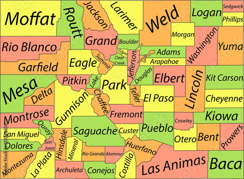Pastel vector map of the Federal State of Colorado, USA with black borders and names of its counties