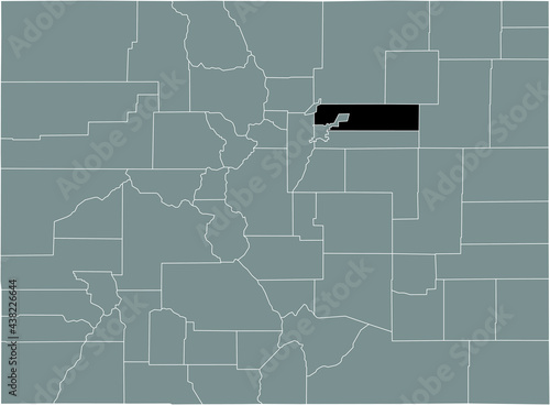 Black highlighted location map of the US Adams county inside gray map of the Federal State of Colorado, USA