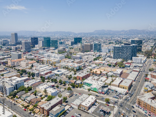 Los Angeles, CA, LA County, June 2, 2021: Aerial View of LA Koreatown with Wilshire Blvd, Vermont St, 7th St around Bullocks, historical art deco building, Southwestern Law School