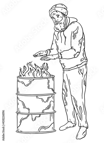 A homeless man, a poor tramp on the street warms his hands in a fire barrel. Vector linear illustration in Doodle sketch style.