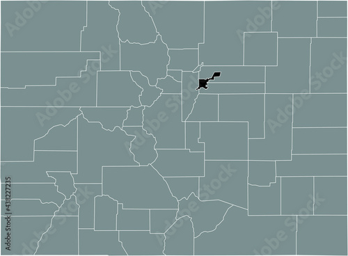 Black highlighted location map of the US City and County of Denver inside gray map of the Federal State of Colorado, USA