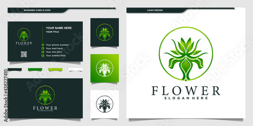 Flower logo with green gradient colour style and business card design Premium Vektor