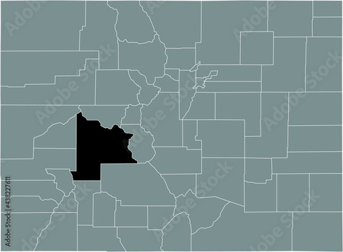 Black highlighted location map of the US Gunnison county inside gray map of the Federal State of Colorado, USA