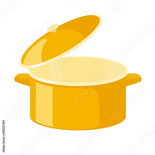 Large empty yellow saucepan for cooking soups isolated on white background. Open dishes with lid. Kitchen utensils. Kitchen pot Vector illustration