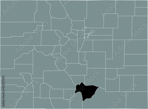 Black highlighted location map of the US Huerfano county inside gray map of the Federal State of Colorado, USA