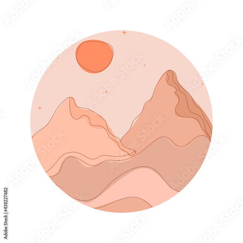 Round abstract landscape. Desert. Boho style. Minimalistic landscape. One line. Trendy print of nature, for logo, sticker, for decor, background, for packaging, for web design.