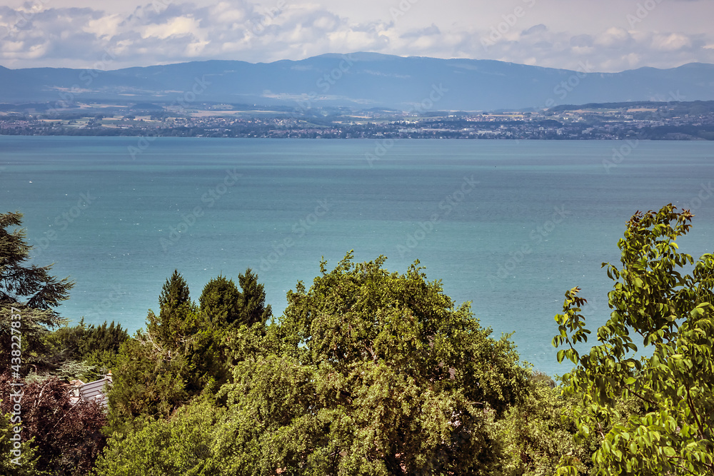 Beautiful France banks of Leman Lake (Lake Geneva) near village Neuvecelle (not far from Evian-les-Bains, east of France). Haute-Savoie department in the Auvergne-Rhone-Alpes region. France.