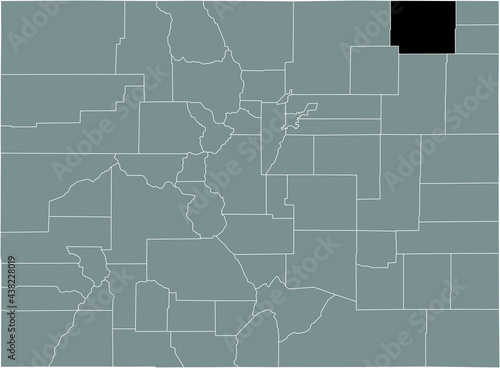 Black highlighted location map of the US Logan county inside gray map of the Federal State of Colorado, USA