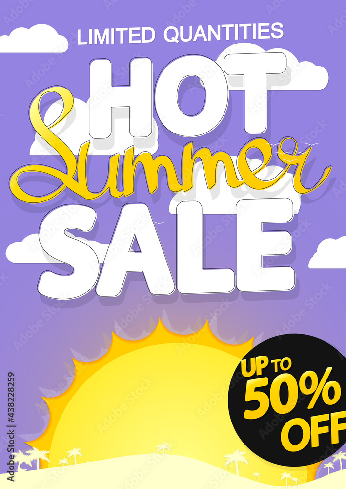 Obraz premium Hot Summer Sale up to 50% off, poster design template, season best offer, discount banner, vector illustration