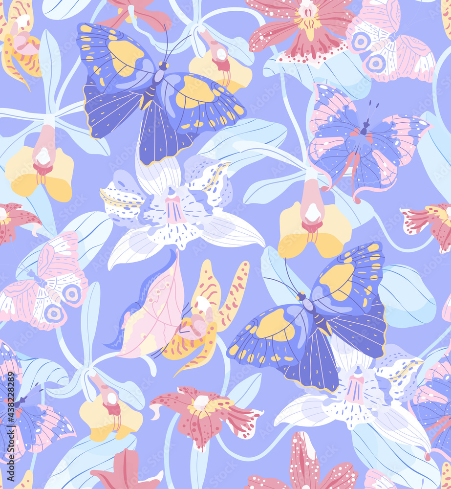 Fototapeta premium Seamless vector illustration with beautiful tropical orchids, leaves and butterflies on a violet background. For decorating textiles, packaging, wallpaper.