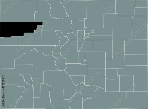 Black highlighted location map of the US Rio Blanco county inside gray map of the Federal State of Colorado, USA