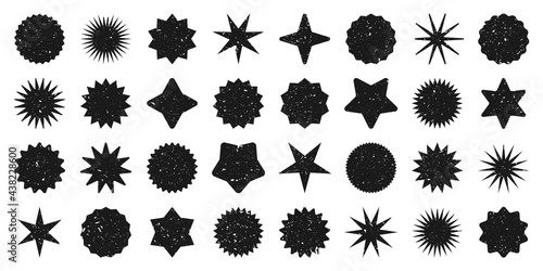 Retro stars, grunge sunburst symbols. Vintage sunbeam icons. Black shopping labels, sale or discount sticker, quality mark. Special offer price tag, promotional badge. Vector illustration.
