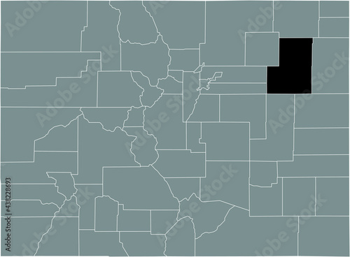 Black highlighted location map of the US Washington county inside gray map of the Federal State of Colorado, USA