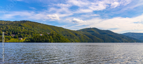 Fototapeta Naklejka Na Ścianę i Meble -  Panoramic view of Miedzybrodzkie Lake and Beskidy Mountains with Gora Zar mountain near Zywiec in Silesia region of Poland