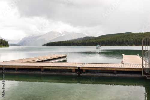 Maligne lake in Jasper National Park, Alberta, Canada, in overcast summer day © Victoria