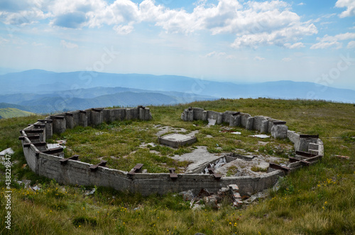 Remains of the foundations of a former military radar station on Mount Stiy, Borzhava ridge, Carpathian Mountains Ukraine photo