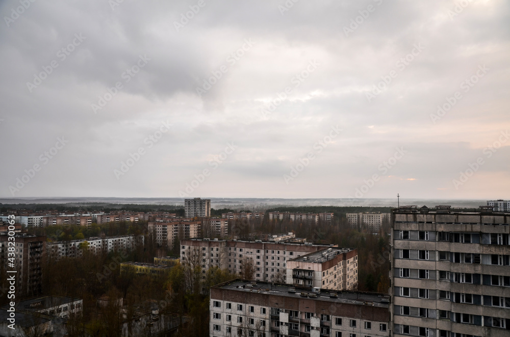 Panoramic view of abandoned residential buildings inside the Chernobyl Exclusion Zone, Pripyat, Ukraine