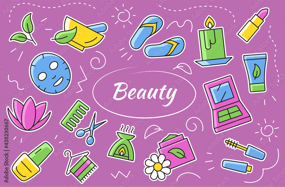 Beauty and cosmetic icons and elements set. Vector sticker collection on purple background. Beauty and cosmetic icons and elements set. Vector sticker collection on purple background.
