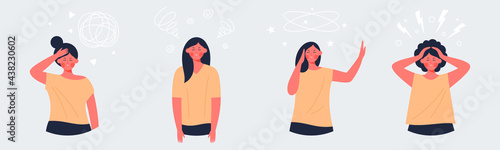 Set of exhausted, tired characters - Young woman suffering pain, migraine, fainting, dizziness - Female having mental fatigue, vertigo, stress or depression - Vector flat illustration