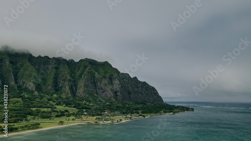 Aerial view of the beach and park at Kualoa with Ko'olau mountains in the background photo