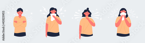 Set of sick characters - Young women having high temperature, throat pain, sneezing - Female character with symptoms of flu, cold or virus infection, allergy - Vector flat illustration photo