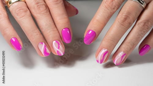 Art Manicure. Modern style pink Nails Polish.