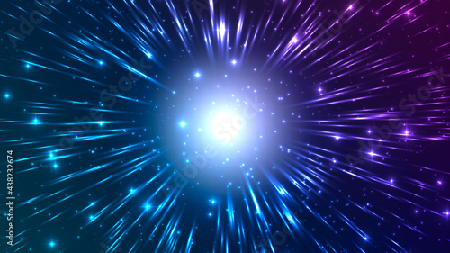 Vector illustration of faster than light (FTL) interstellar or intergalactic travel. Speed of light and hyperspace.