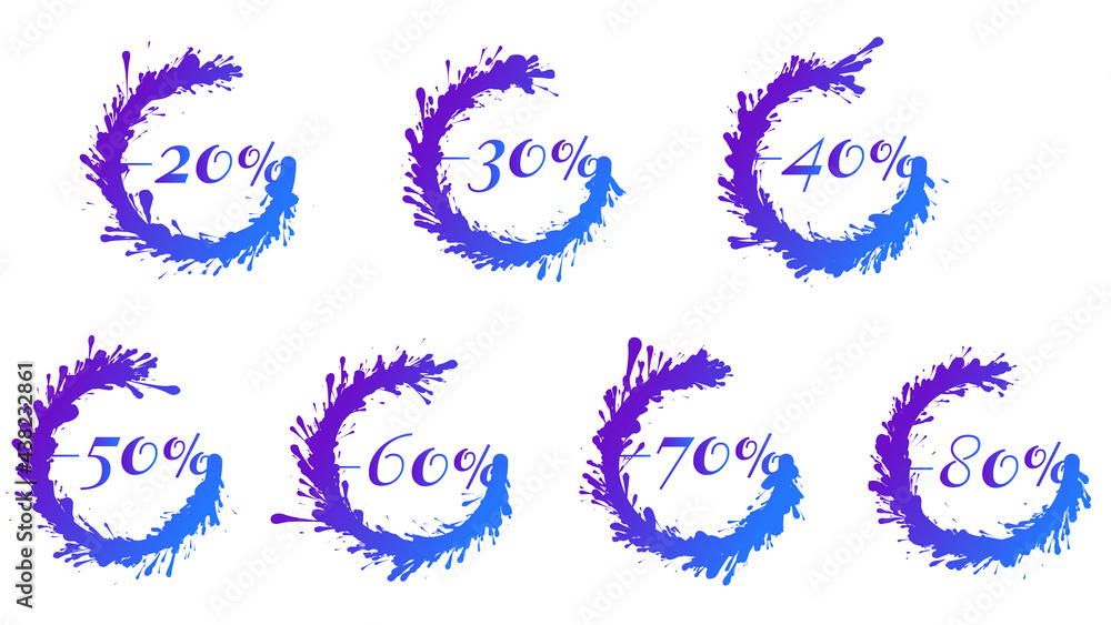 Vector set of vibrant gradient splatter sale icons 20%, 30%, 40%, 50%, 60%, 70%, 80% off. Discount blots tags, colorful special offer labels. Isolated splash signs for design template.