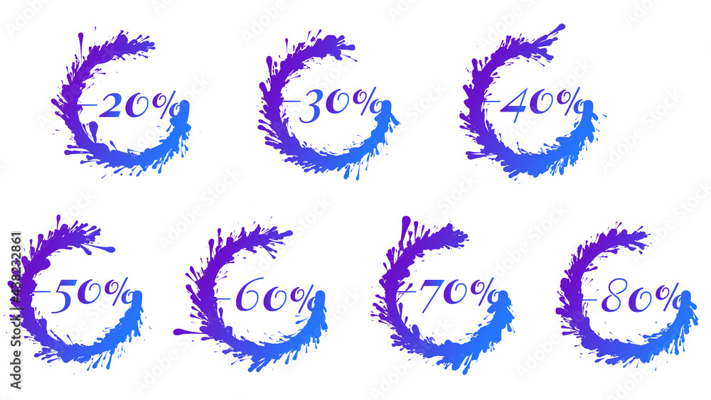 Vector set of vibrant gradient splatter sale icons 20%, 30%, 40%, 50%, 60%, 70%, 80% off. Discount blots tags, colorful special offer labels. Isolated splash signs for design template. Vector set of vibrant gradient splatter sale icons 20%, 30%, 40%, 50%, 60%, 70%, 80% off. Discount blots tags, colorful special offer labels. Isolated splash signs for design template.