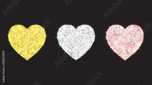 Set of 3 glitter hearts. Gold, rose gold, silver high resolution heart shapes. Shining design elements isolated on a black background. Vector illustration.