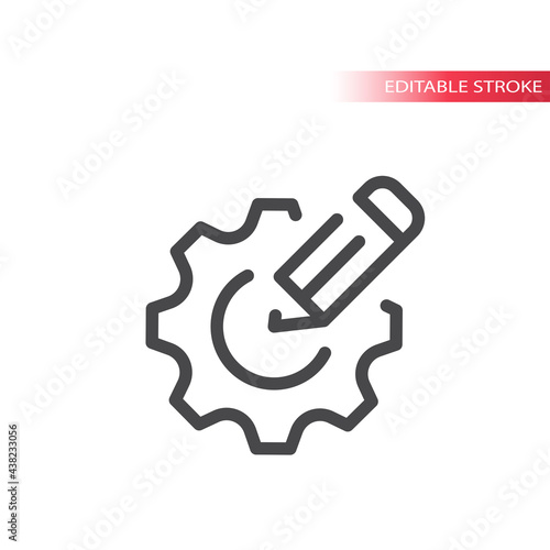 Cogwheel or gear with pencil line vector icon. Settings or edit symbol, editable stroke.