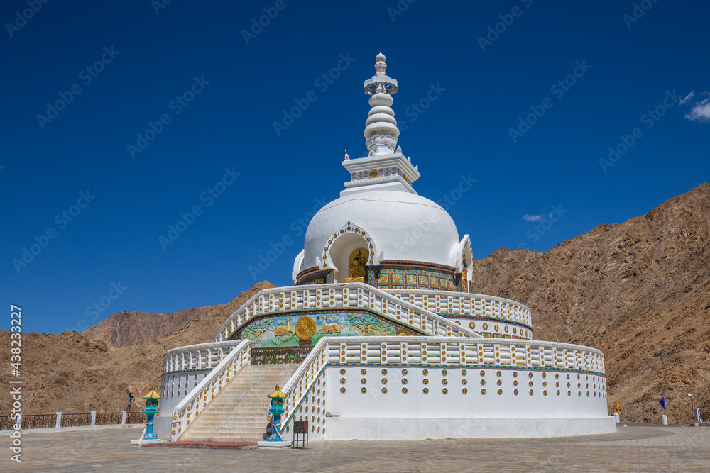 White buddhist stupa or pagoda in tibetan monastery near village Leh in ladakh, noth India White buddhist stupa or pagoda in tibetan monastery near village Leh in ladakh, noth India