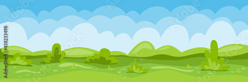 Landscape. Summer background with cloudy blue skies, green hills and grass. Vector illustration, cartoon background