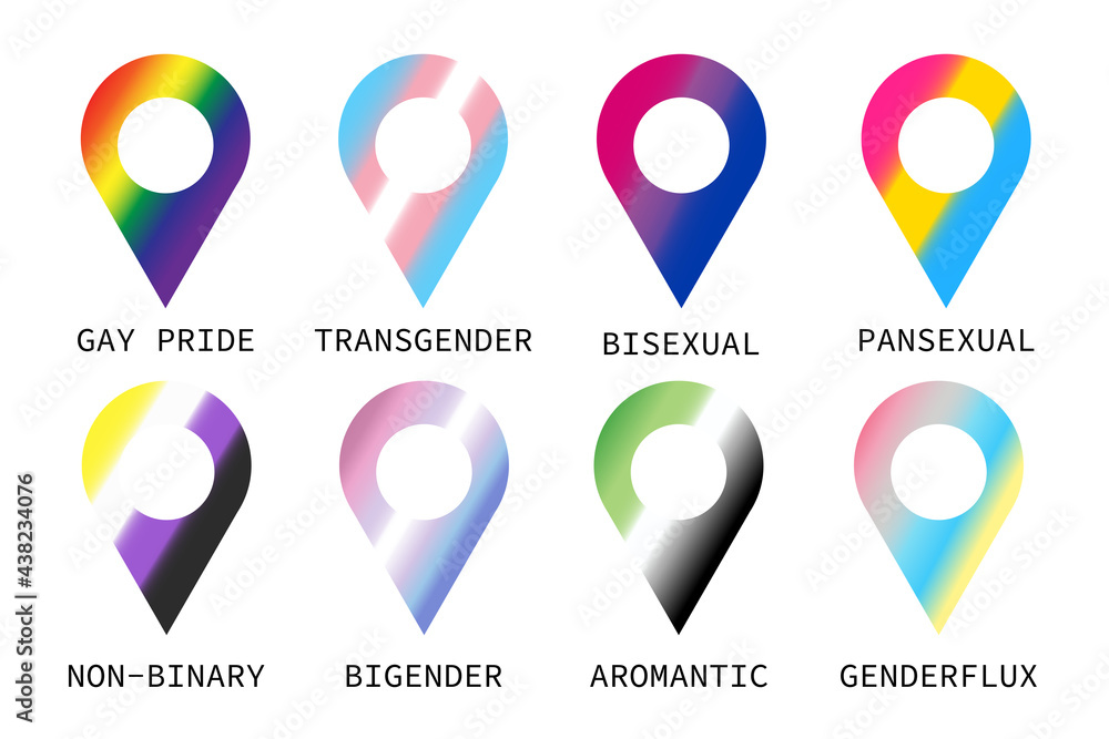 LGBTQ location icons. Gay pride and community colors flags gradient map ...