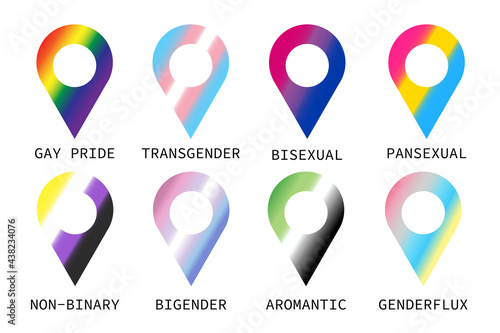 LGBTQ location icons. Gay pride and community colors flags gradient map pins for decoration. Design elements for party flyers, banner, brochure, navigation, positioning, event template. Pride month