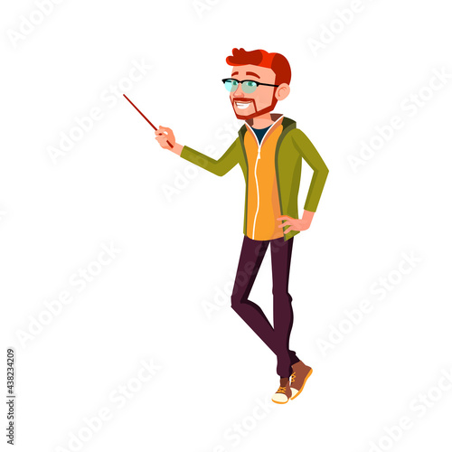 redhead guy student pointing at map country location cartoon vector. redhead guy student pointing at map country location character. isolated flat cartoon illustration